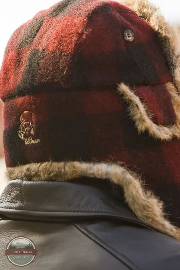 Mad Bomber 305WMP Red Plaid Wool w/Brown Rabbit Fur shows back branding of Mad Bomber