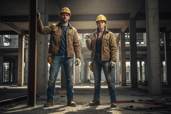 Reliable workwear and workboots for men and women from Carhartt, Ariat and more. Shown on a male and female construction worker