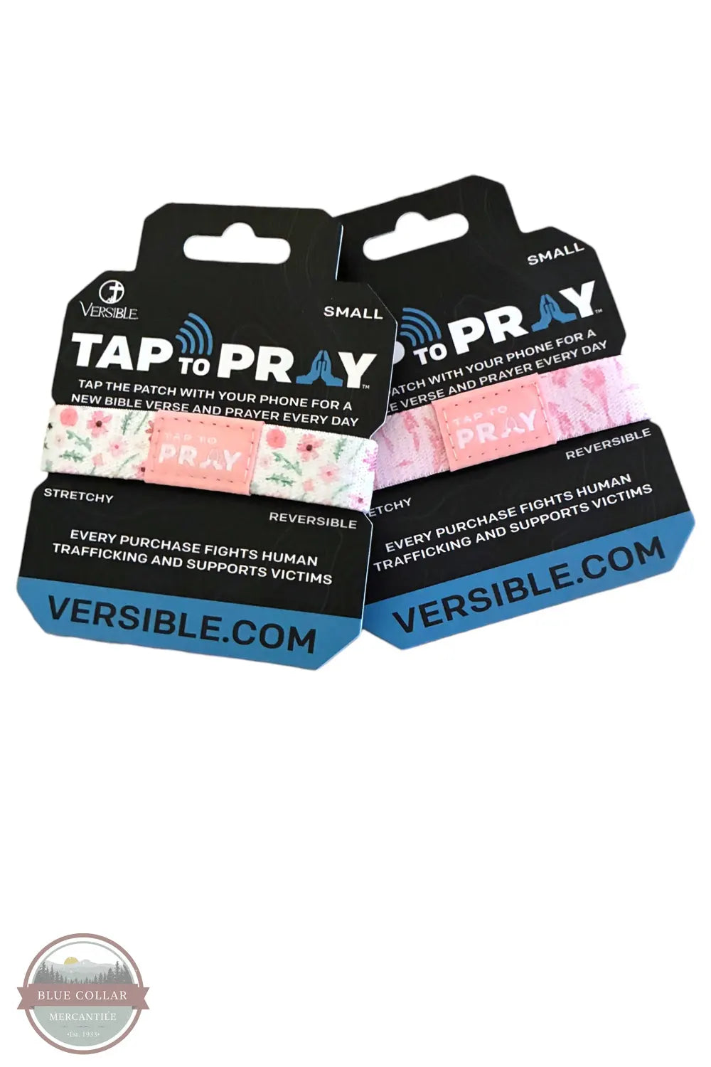 Versible's Meadows - White Tap To Pray Wristband packaging shown