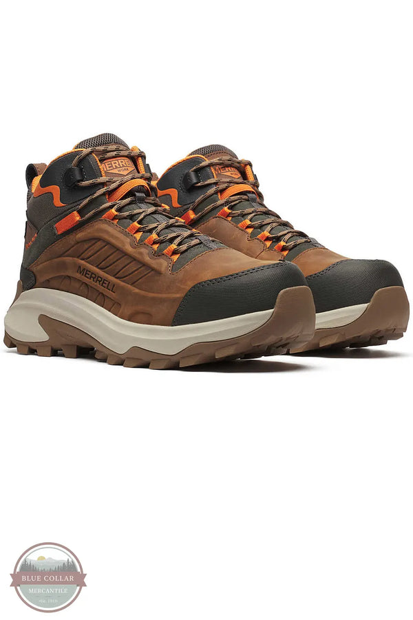 MERRELL J007901 Men's Moab Speed 2 Mid Waterproof Carbon Fiber Work Boot in Light Brown 3/4 view of pair
