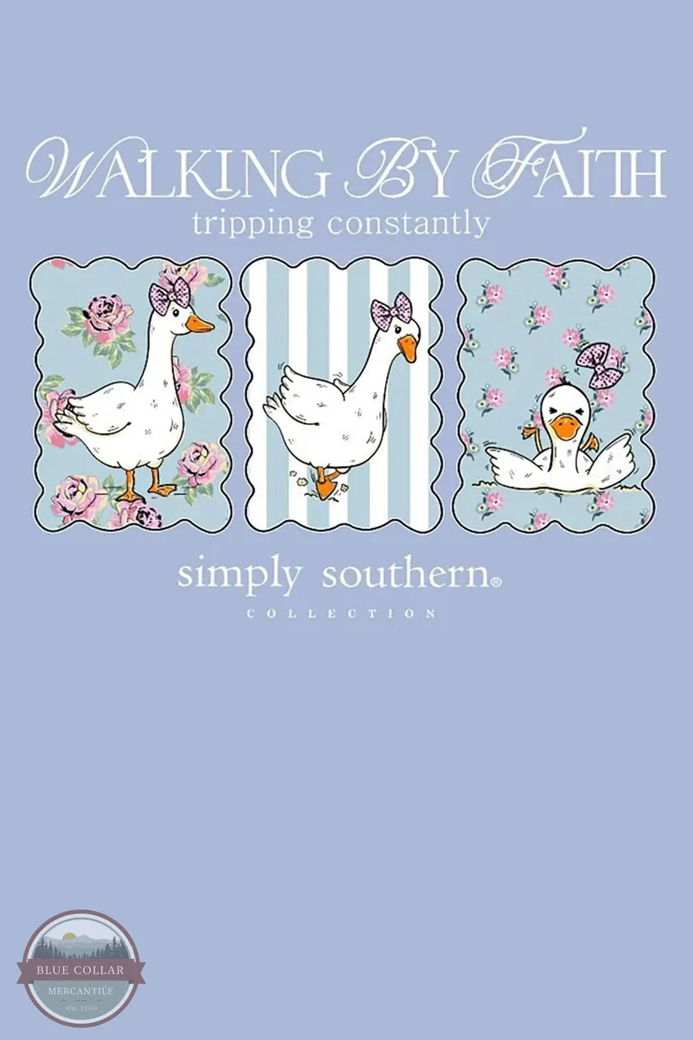 MINWASH-TRIPPING-FDBLU Ladies Walking By Faith T-Shirt | Simply Southern