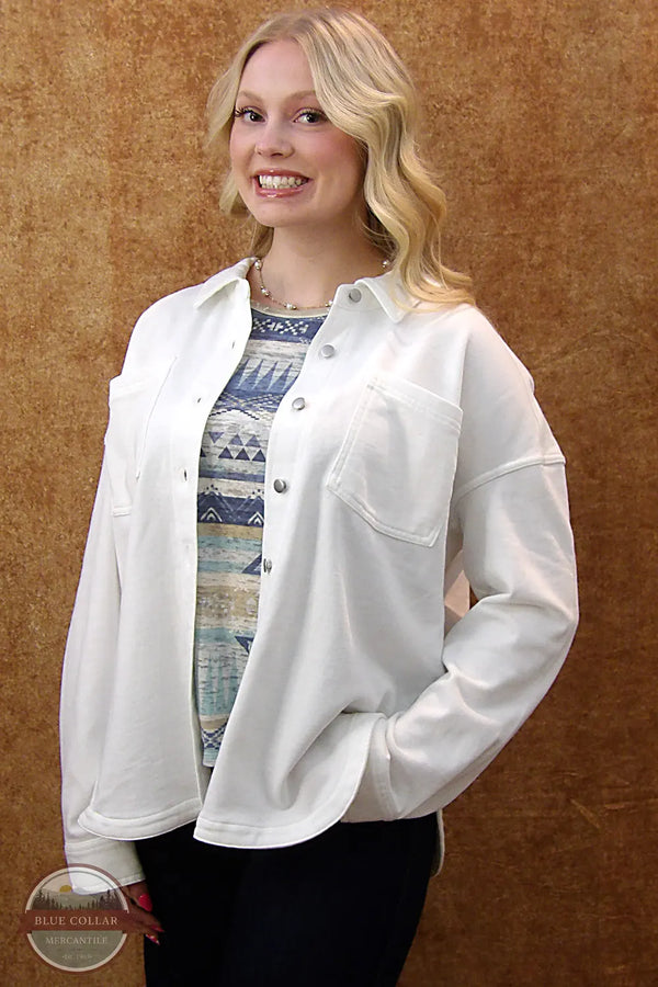 North River Apparel NRL2615 Plymouth French Terry Oversized Button Down Shirt in Sandstone White front view