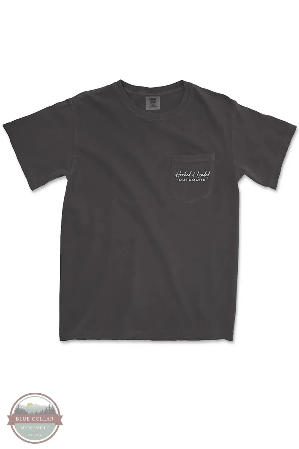 Big Buck Hunter in Pepper Grey - Short Sleeve Pocket T-Shirt by Hooked & Loaded Outdoors, LLC front pocket view