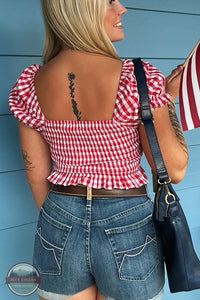 Le Lis PT7383 Red Gingham Tie Front Puff Sleeve Top back view