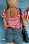 Le Lis PT7383 Red Gingham Tie Front Puff Sleeve Top back view