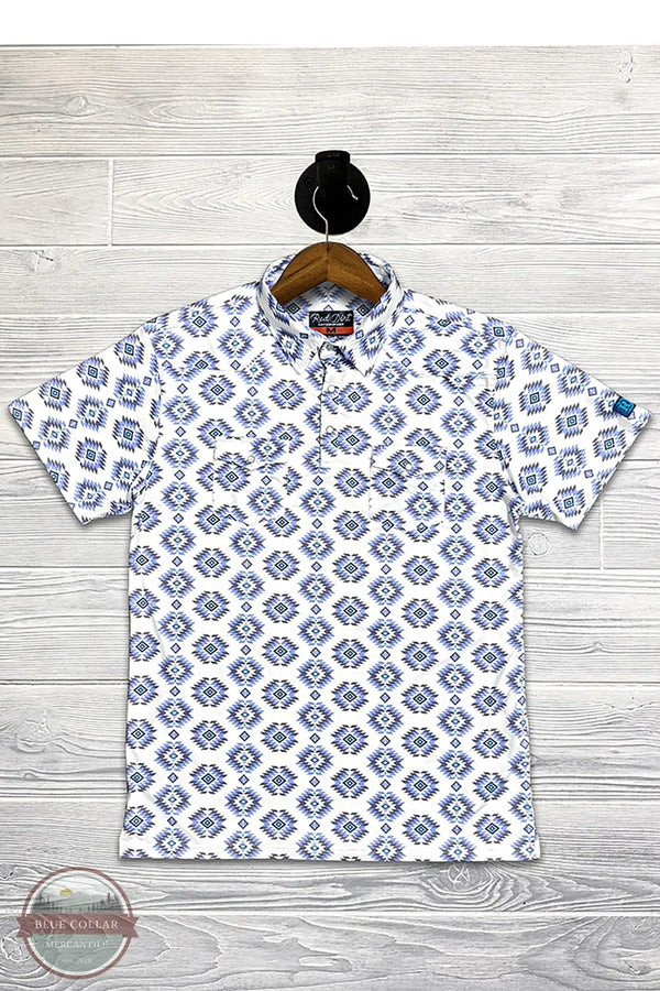 Red Dirt Hat Company RDPSSBUWHAZ Blue & White Aztec Short Sleeve Polo, flat