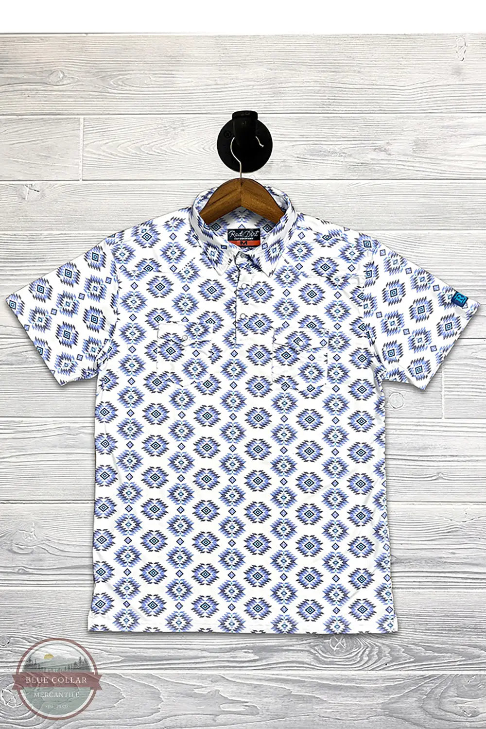Red Dirt Hat Company RDPSSBUWHAZ Blue & White Aztec Short Sleeve Polo, flat