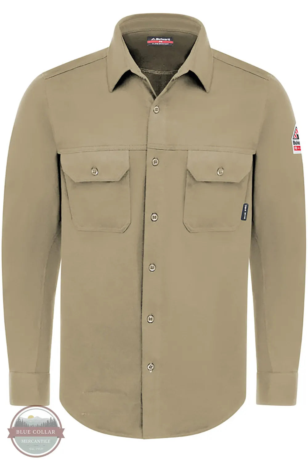Bulwark STG4 FR Flex Knit Button Down Shirt in Khaki front view