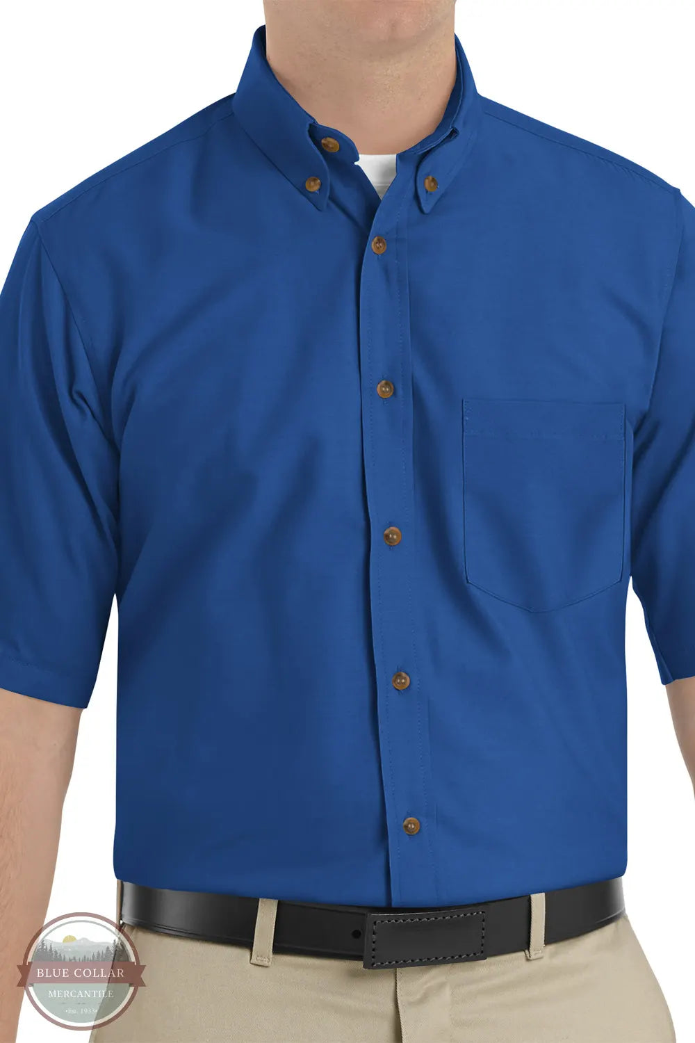 Red Kap SP80RB Men's Big & Tall Short Sleeve Poplin Dress Shirt in Royal Blue on model