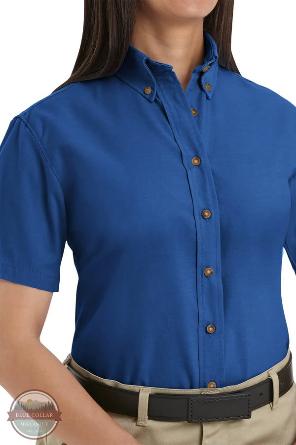 Red Kap SP81RB Women's Short Sleeve Poplin Dress Shirt in Royal Blue on model