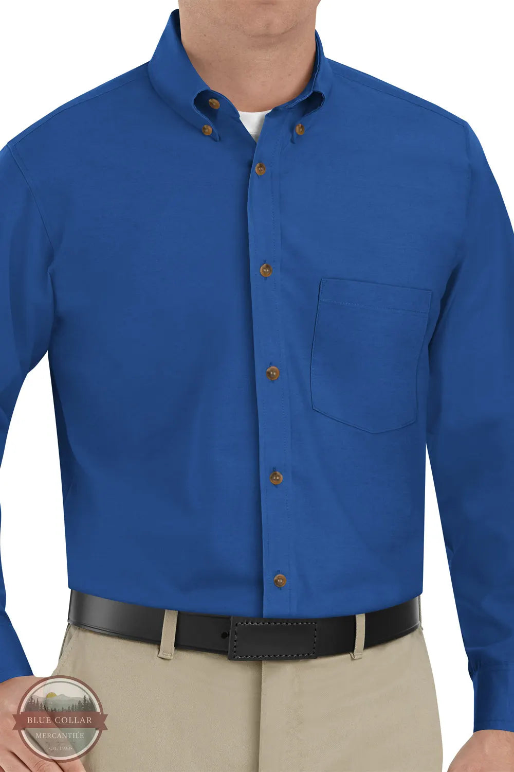 Red Kap SP90 RB Men's Big & Tall Long Sleeve Poplin Dress Shirt in Royal Blue on model
