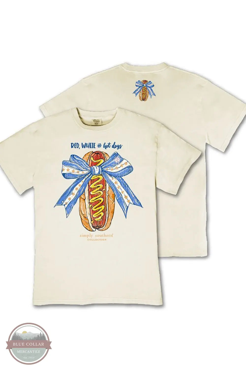 Simply Southern MINWASH-DOG-BONE Red, White & Hot Dog Short Sleeve Shirt front and back of shirt shown