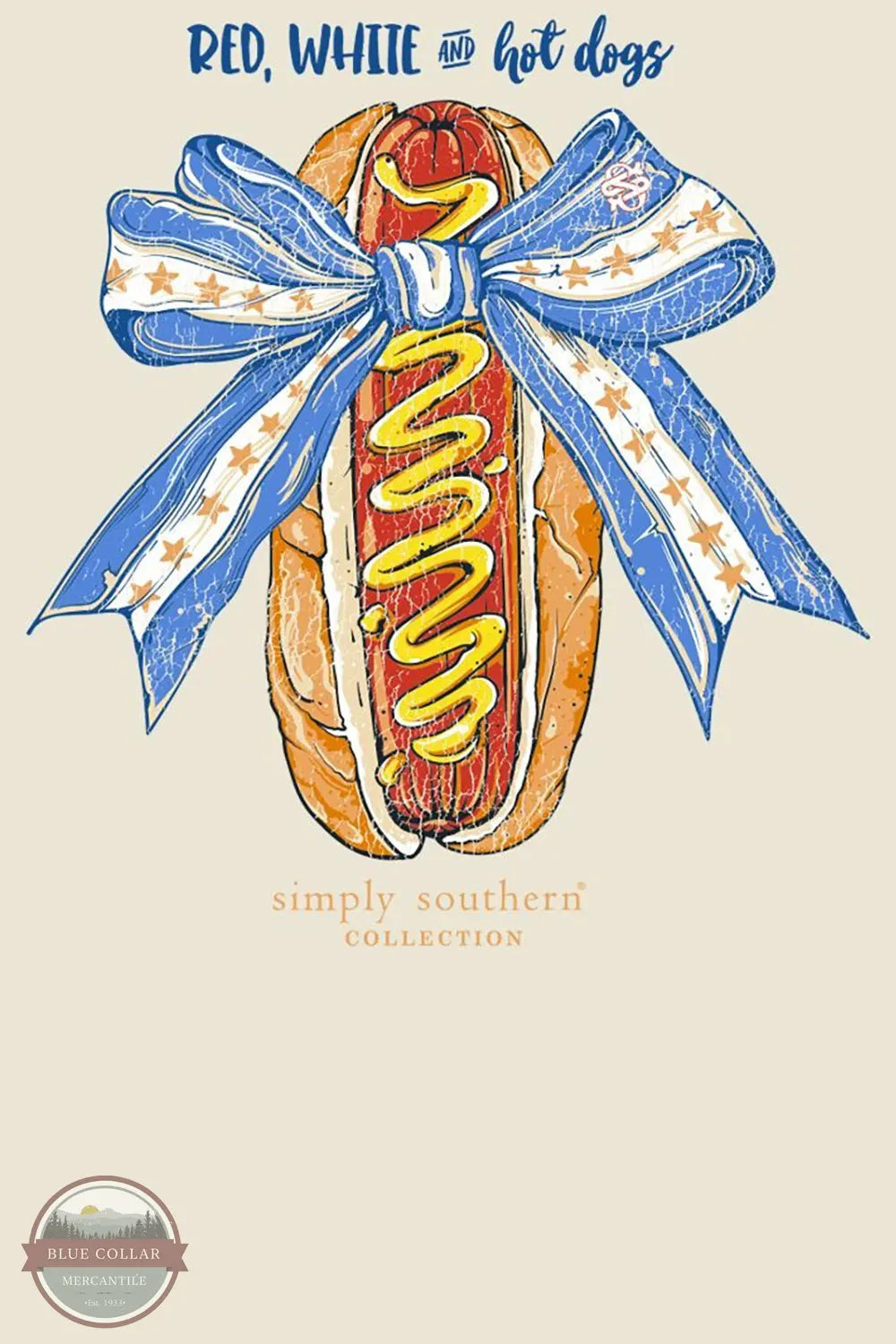 Simply Southern MINWASH-DOG-BONE Red, White & Hot Dog Short Sleeve Shirt actual imprint shown