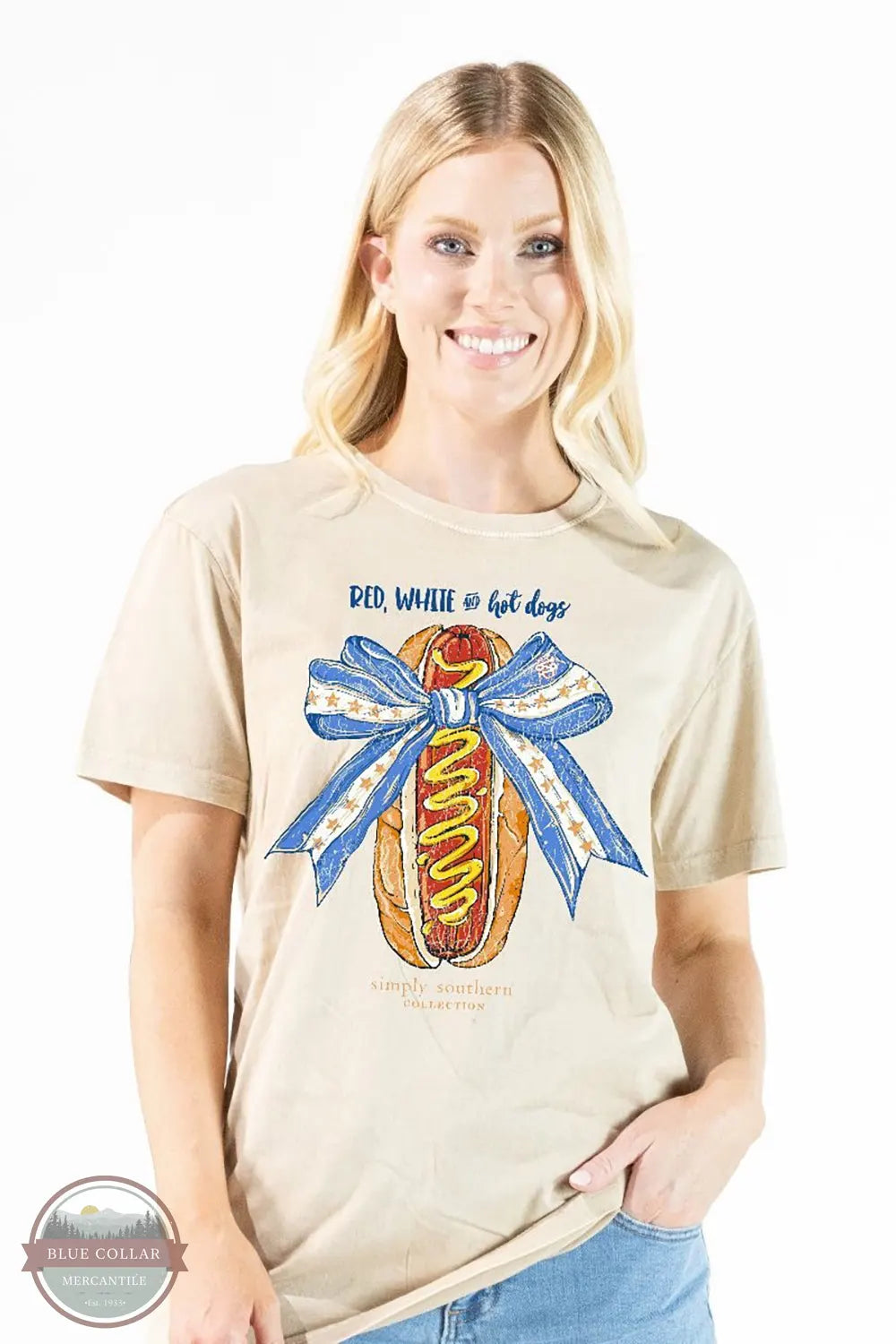 Simply Southern MINWASH-DOG-BONE Red, White & Hot Dog Short Sleeve Shirt front view on model