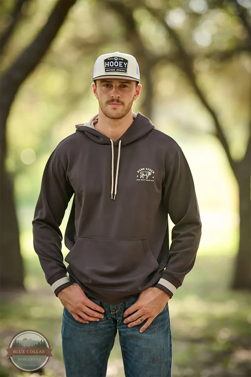 Hooey RH2602DKBR Charbray Rank Stock Hoodie in Dark Brown front pocket print shown on model