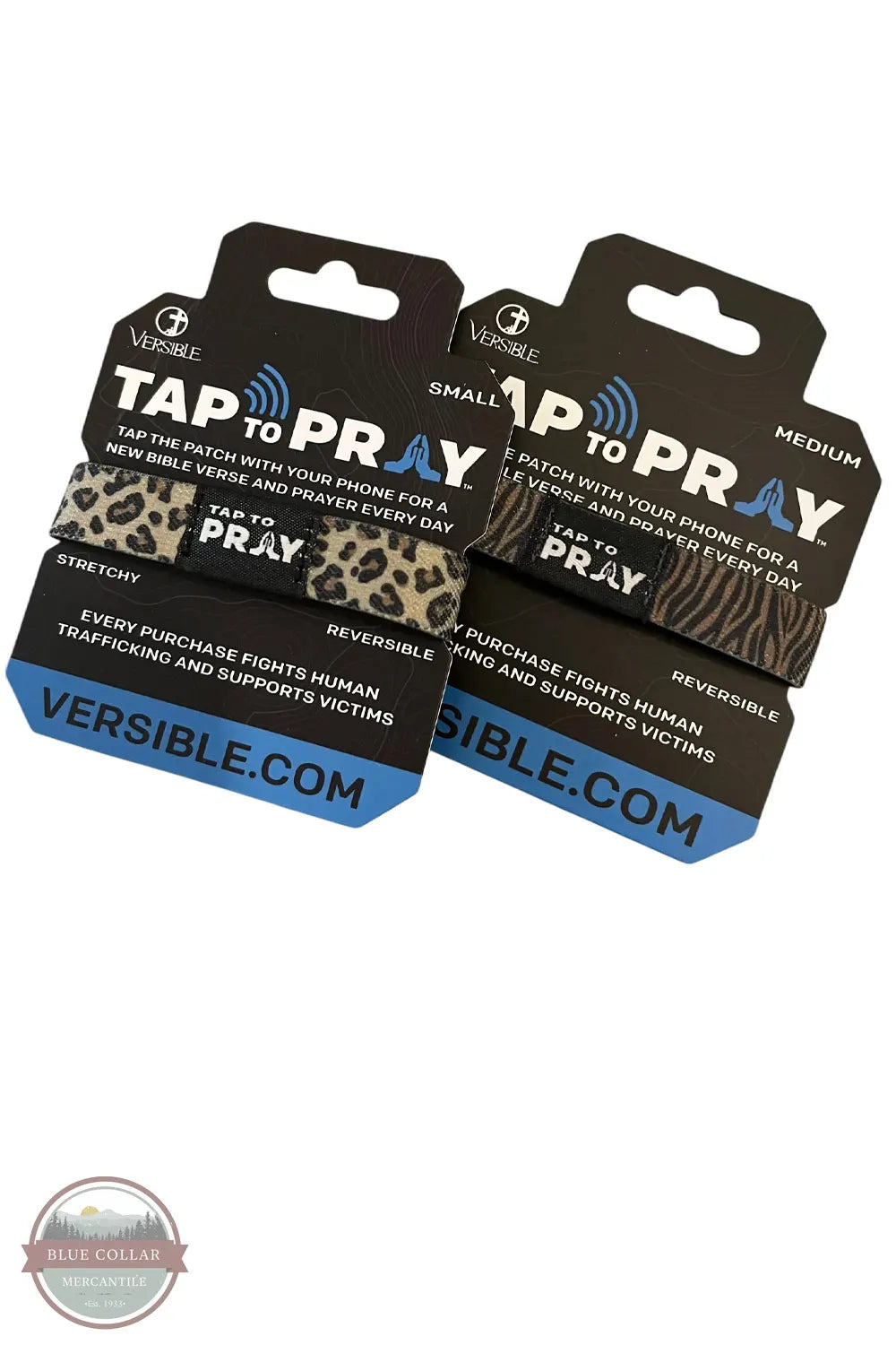 Versible's Safari Leopard Tap To Pray® Wristband packaging shown