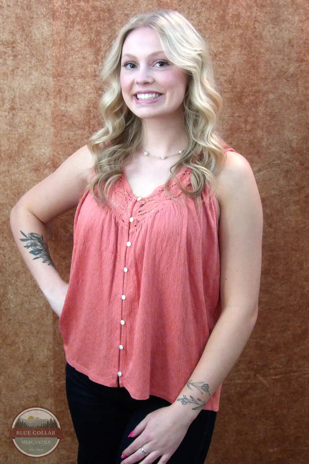 North River Apparel NRL1411-TRCOT NRL1411 Saratoga Crochet Sleeveless Tank Top Front Model View