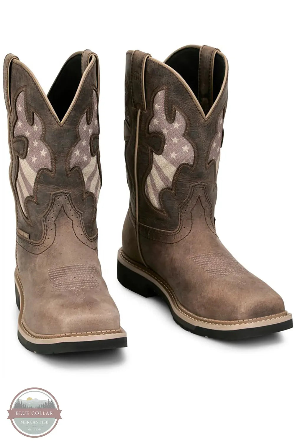 Justin SE4139 Bolt Antique Brown Water Buffalo Square Composite Toe Work Boot in Antique Brown pair shown together