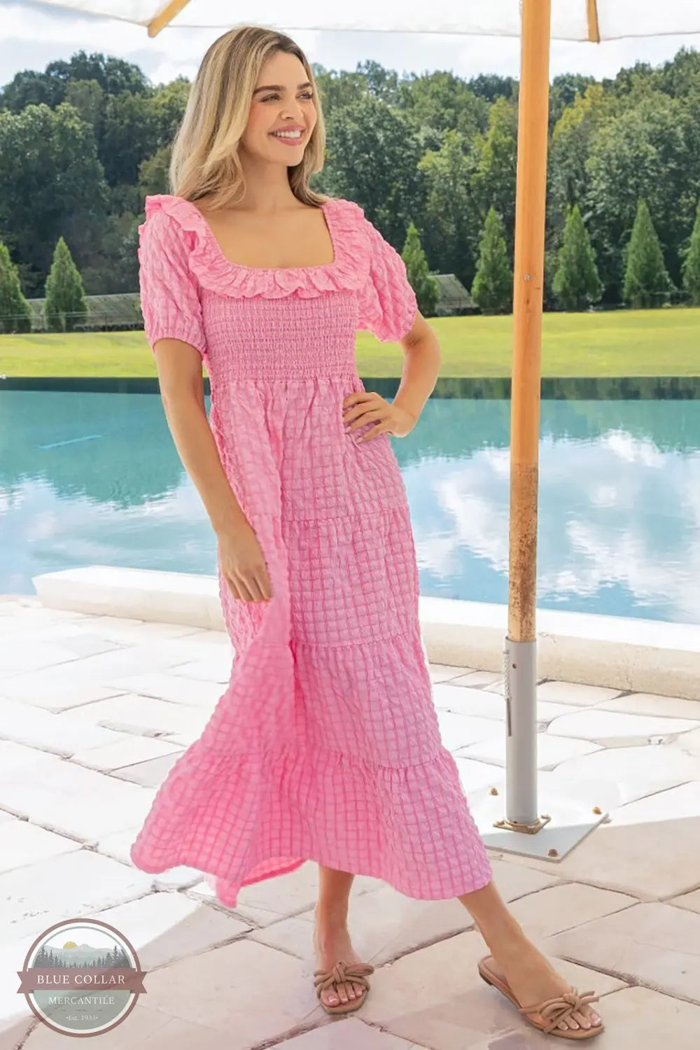 Simply Southern 0126-DRS-TXT-MAXI-PF-PK Textured Puff Sleeve Maxi Dress in Pink