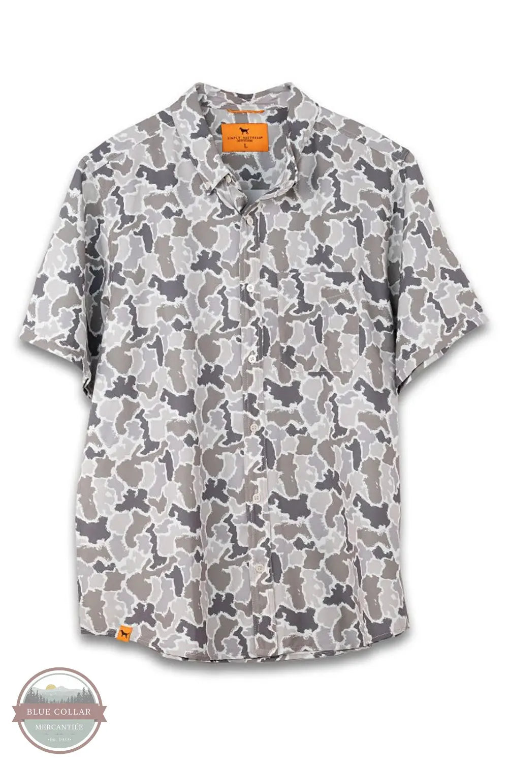 Simply Southern 0126-MN-TOP-CSTL-GRYCMO Camo Short Sleeve Button Down Shirt in grey camo