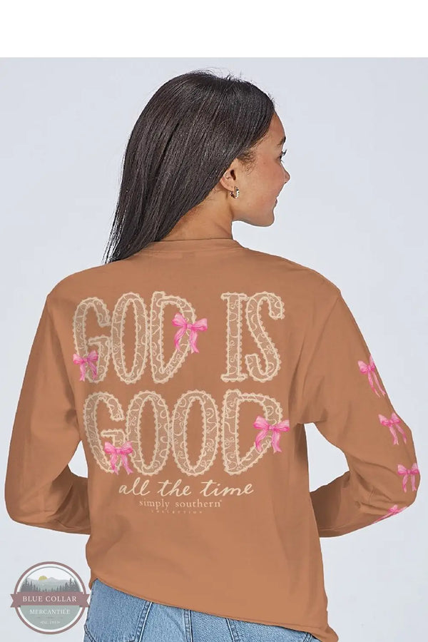 Simply Southern LS-GOD-CHSTNT God Is Good Long Sleeve T-Shirt in Brown, lifestyle rear design