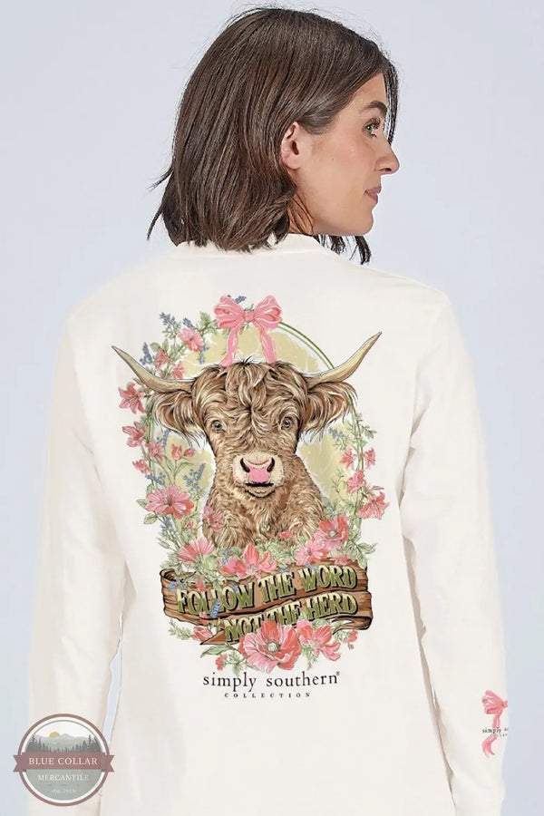 Simply Southern LS-HERD-LINEN Highland Cow Long Sleeve T-Shirt in Cream, lifestyle rear design