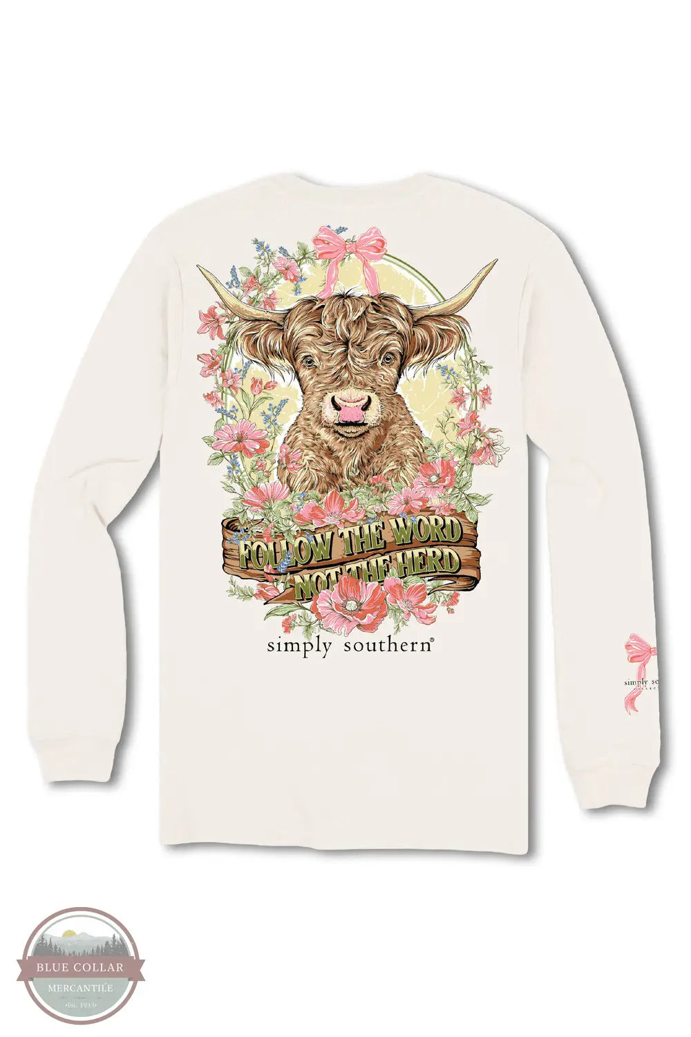 Simply Southern LS-HERD-LINEN Highland Cow Long Sleeve T-Shirt in Cream, rear design
