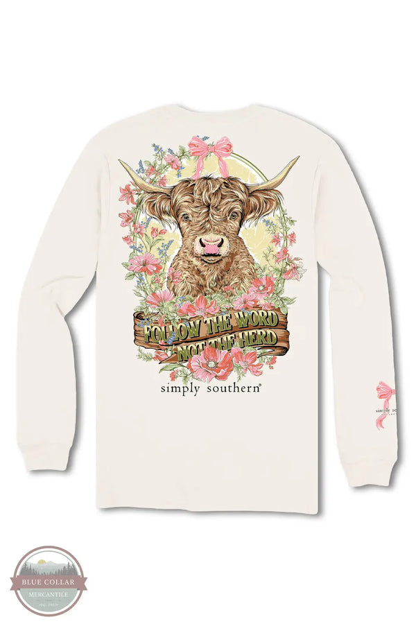 Simply Southern LS-HERD-LINEN Highland Cow Long Sleeve T-Shirt in Cream, rear design