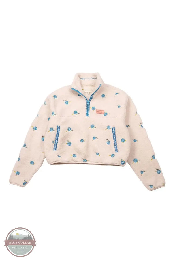 Simply Southern PP-0225-PULL-TAYLOR-BLUFL Taylor Half Zip Pullover in White with Blue Flowers, front