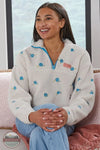 Simply Southern PP-0225-PULL-TAYLOR-BLUFL Taylor Half Zip Pullover in White with Blue Flowers, model