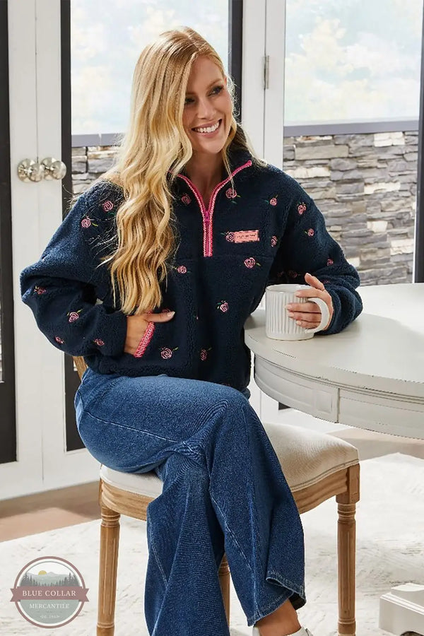 Simply Southern PP-0225-PULL-TAYLOR-PNKFL Taylor Half Zip Pullover in Navy with Pink Flowers, model