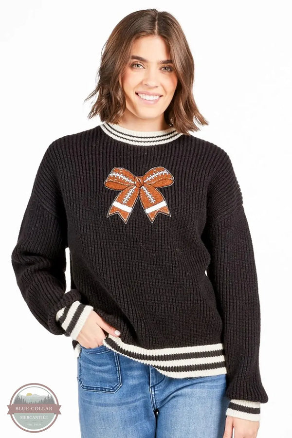 Simply Southern PP-0225-SWTR-HARPER-FTBALL Football Bow Vintage Sweater in Black front view with Bow