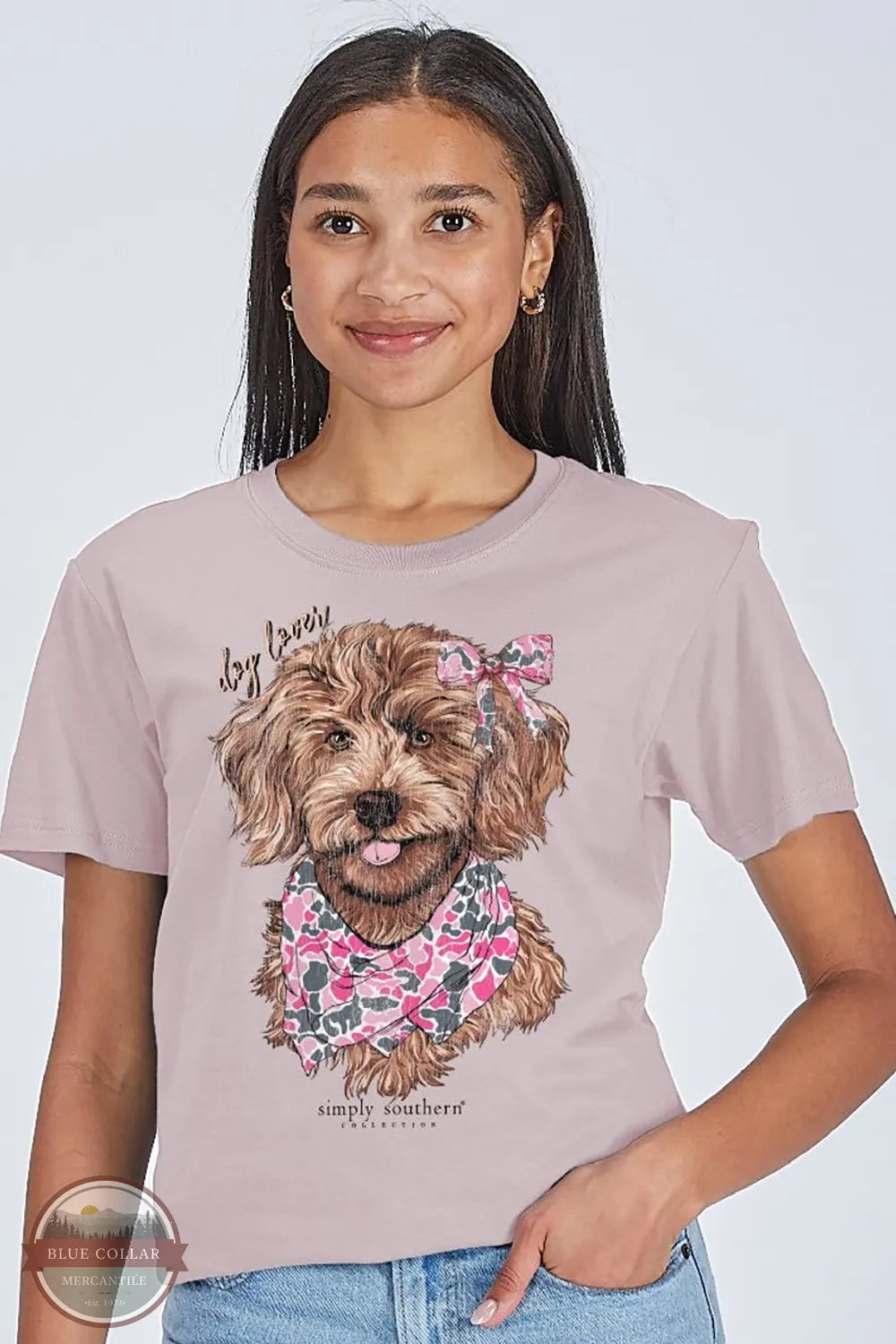 Simply Southern SS-DOGCAMO-DRFTWD Dogg With Camo Bows Short Sleeve T-Shirt front image on model