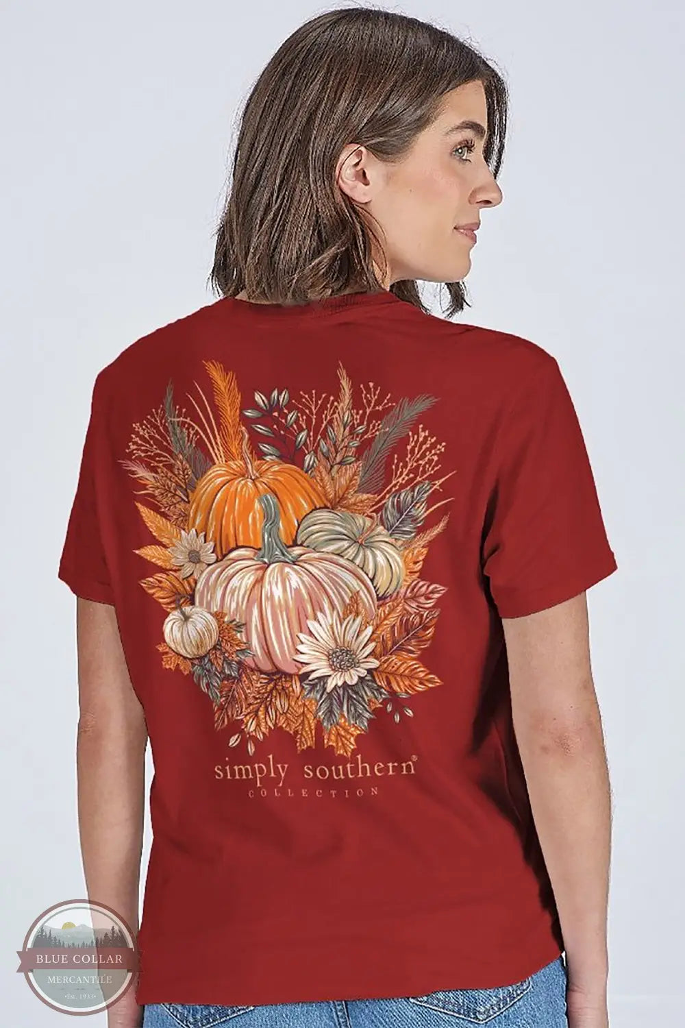 Simply Southern SS-HARVEST-CARMINE Harvest Pumpkin Short Sleeve Shirt in Red, model