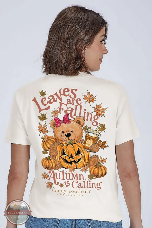 Simply Southern SS-TEDDYFALL-LINEN Leaves Falling Short Sleeve Shirt in Cream, model rear