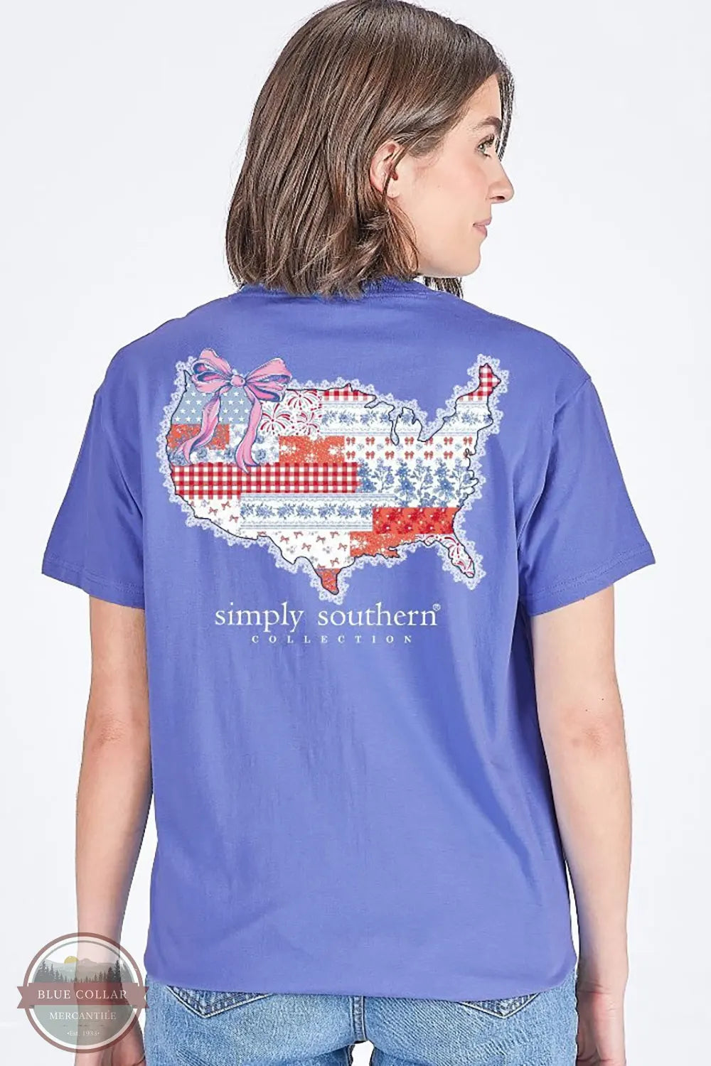 Simply Southern SS-USAPATCH-BALI Patch Work USA Map T-Shirt on model back print view