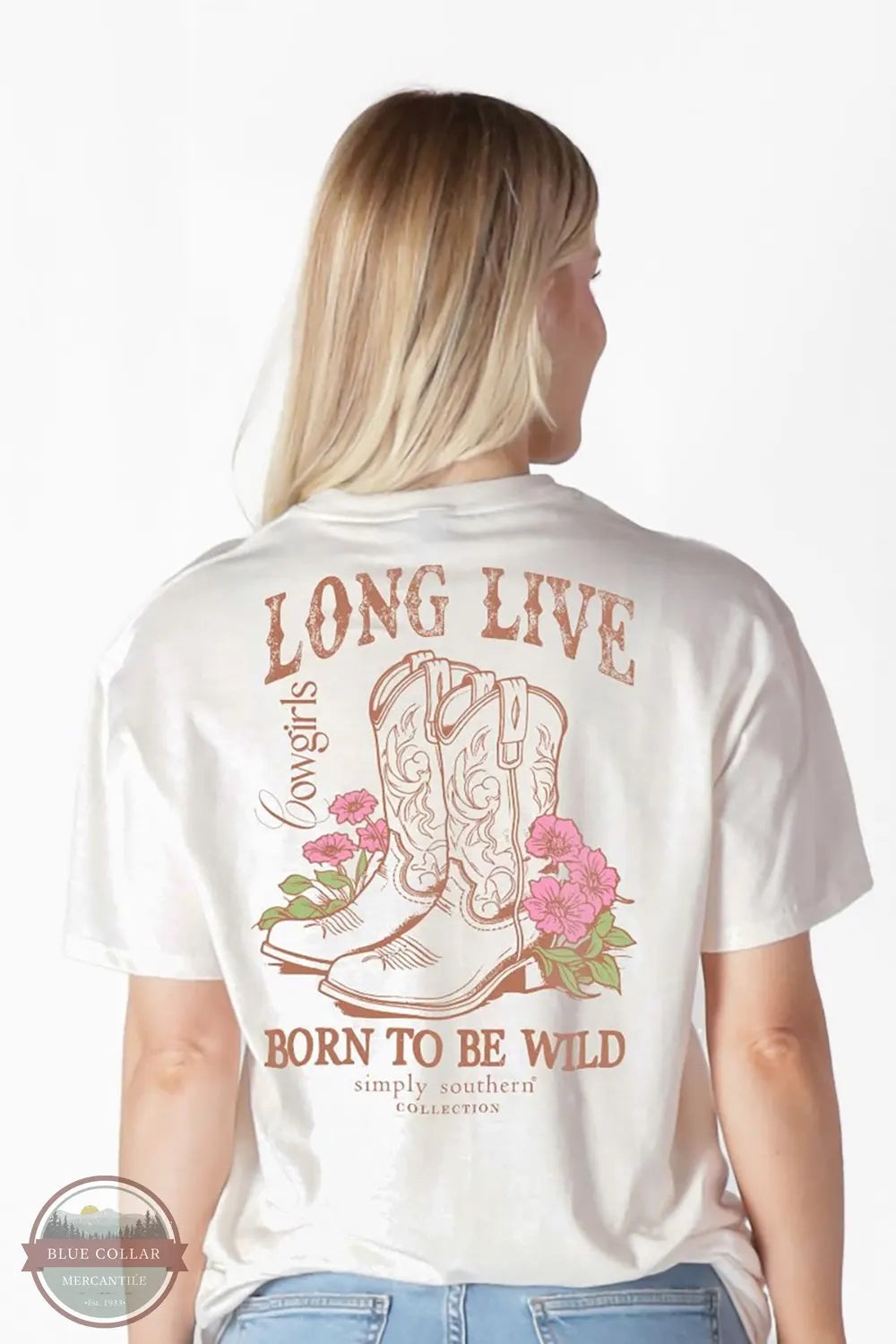 Simply Southern SS-WILD-OYSTER Long Live Cowgirl T-Shirt back view on model