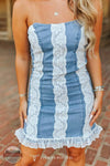 Lucky &amp; Blessed DDR618-SW Strapless Stretch Denim Corset Dress w/ Lace Detail close up view of front
