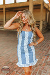 Lucky &amp; Blessed DDR618-SW Strapless Stretch Denim Corset Dress w/ Lace Detail front view of model