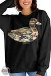 Simply Southern SWT-DUCK-BLK Camo Duck Patch Long Sleeve Sweater in Black on model showing front