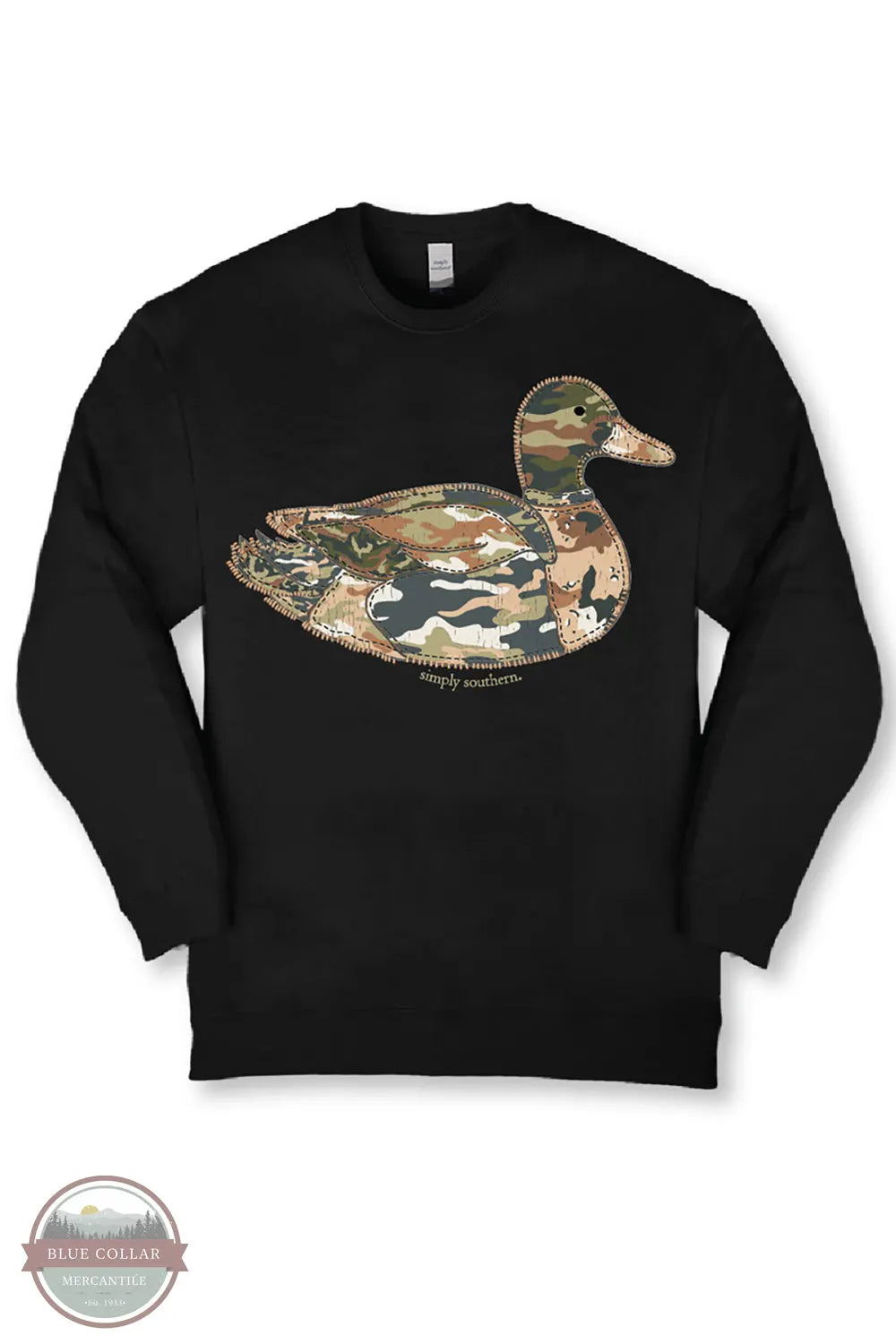 Simply Southern SWT-DUCK-BLK Camo Duck Patch Long Sleeve Sweater in Black sweatshirt shown by itself