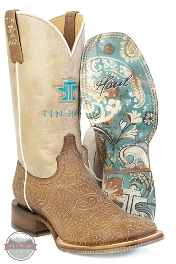 Tin Haul 14-021-0101-5108 BR Brown Scrollwork Detail Square Toe Western Boot With Floral Sole one upright, one showing the sole