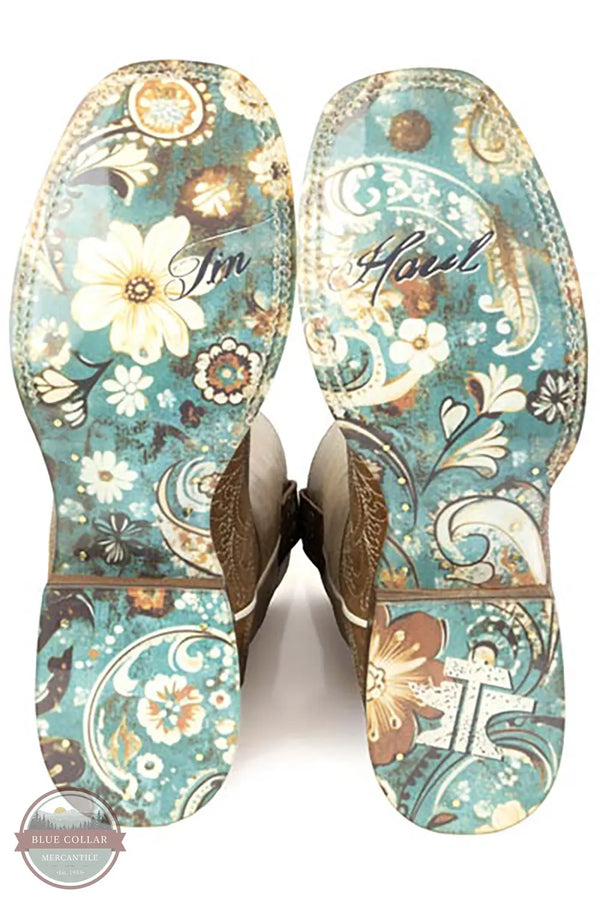 Tin Haul 14-021-0101-5108 BR Brown Scrollwork Detail Square Toe Western Boot With Floral Sole both soles side by side