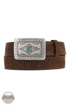 C50189 Filigree Embossed Leather Belt with Silver and Turquoise Buckle, front