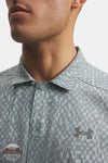 Under Armour 6009180-477 UA Explor Airvent Woven Men's Short Sleeve Shirt in Enamel Blue/Clay Green close up of front branding on shirt