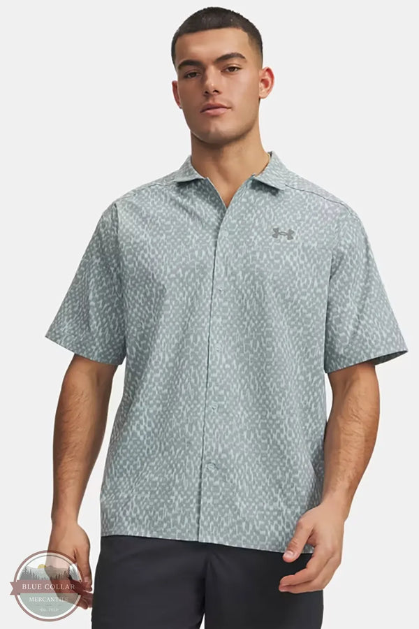 Under Armour 6009180-477 UA Explor Airvent Woven Men's Short Sleeve Shirt in Enamel Blue/Clay Green front view