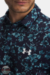 Under Armour 6009800-411 UA Matchplay Printed Men's Polo in Midnight Navy / Blue Haze / White close up view of front logo