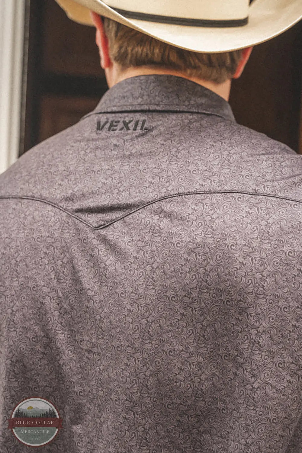Vexil Brand - Western Pearl Snap Polo - Floral | Black back yoke view