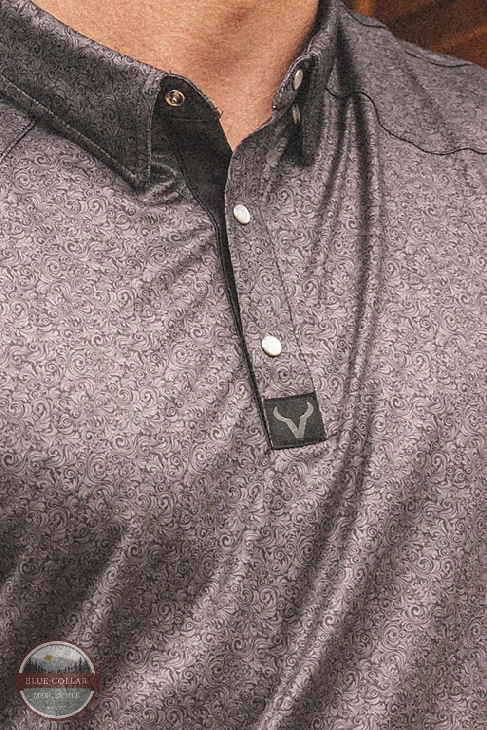 Vexil Brand - Western Pearl Snap Polo - Floral | Black front snaps close up view
