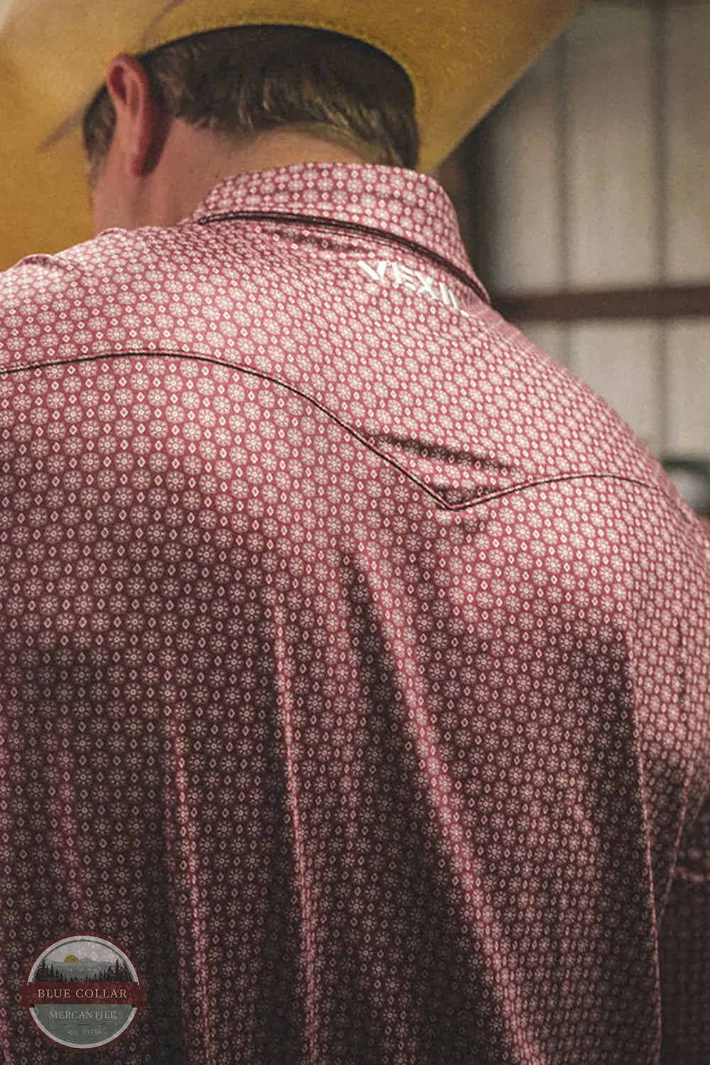 Vexil Brand - Western Pearl Snap Polo - Geo | Maroon back view of western yoke